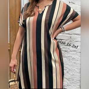 Natural Browns Striped Short Sleeve Dress Size 16 2XL